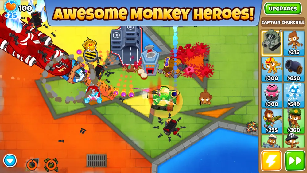 Schermata di gioco di Bloons TD 6: una mappa con torri scimmia ed eroe in azione.
