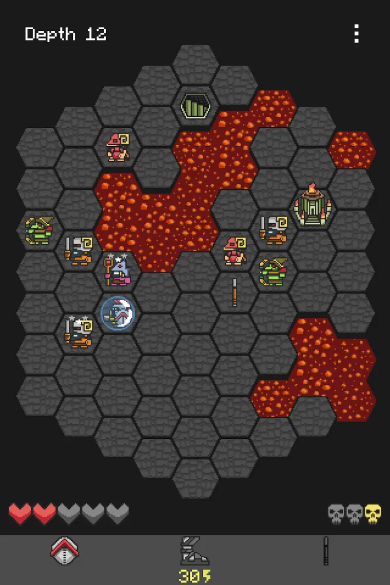 Schermata di gioco di Hoplite: la griglia esagonale con l'eroe circondato dai nemici.