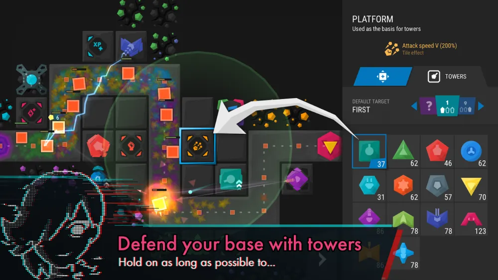 Schermata di gioco di Infinitode 2: mappa con torri, piattaforme e pannello di ricerca.