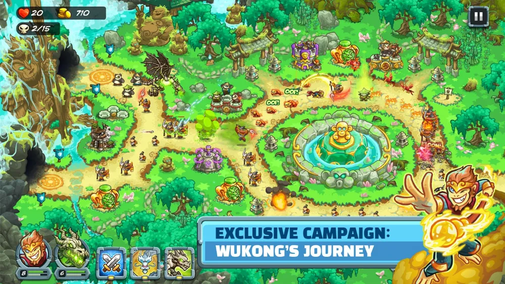 Schermata di gioco di Kingdom Rush 5: Alliance TD: la mappa con torri, eroi e nemici.